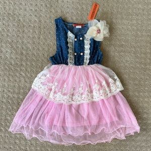 NWT Funkyberry Girls’ Blue And Pink Eyelet Denim And Lace Dress, Size 4
